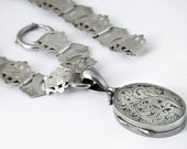 Antique Locket - Victorian Bookchain & Engraved Oval Locket / Large Silver Photo Locket