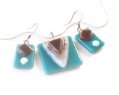 Teal, Beige & Brown Necklace Pendant Earrings Set, Fused Glass Jewelry