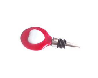 Wine Bottle Stopper, Red with White Heart,  High Relief, Fused Glass