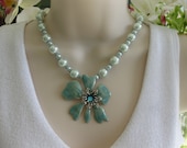 Pearl, Beaded Necklace, Blue Flower, Pendant Necklace, Bead Necklace,  Chunky, Bridal Necklace, Upcycled, Vintage Necklace, OOAK