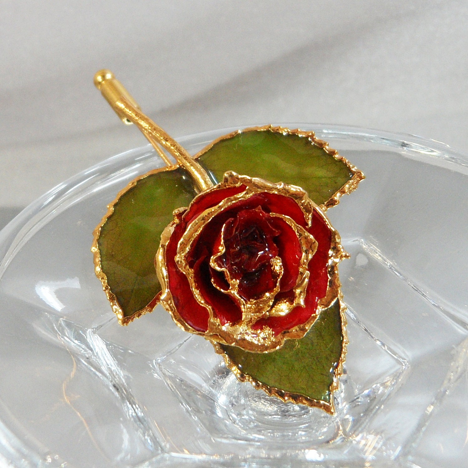 Vintage Rose Stickpin. Genuine Red Rose. 24k Gold Plated. Flower Stick Pin.