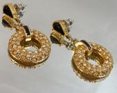 Vintage Rhinestone Earrings. Hoops. Black and Clear Rhinestones.