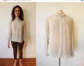 Sale Vintage 1980s Blouse / Beige Sheer Blouse / Secretary Blouse Small