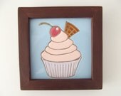 Ceramic Cupcake Tile in Wood Frame Kitchen Home Diners Decor Unique Handmade Artisan Gift for Housewarming