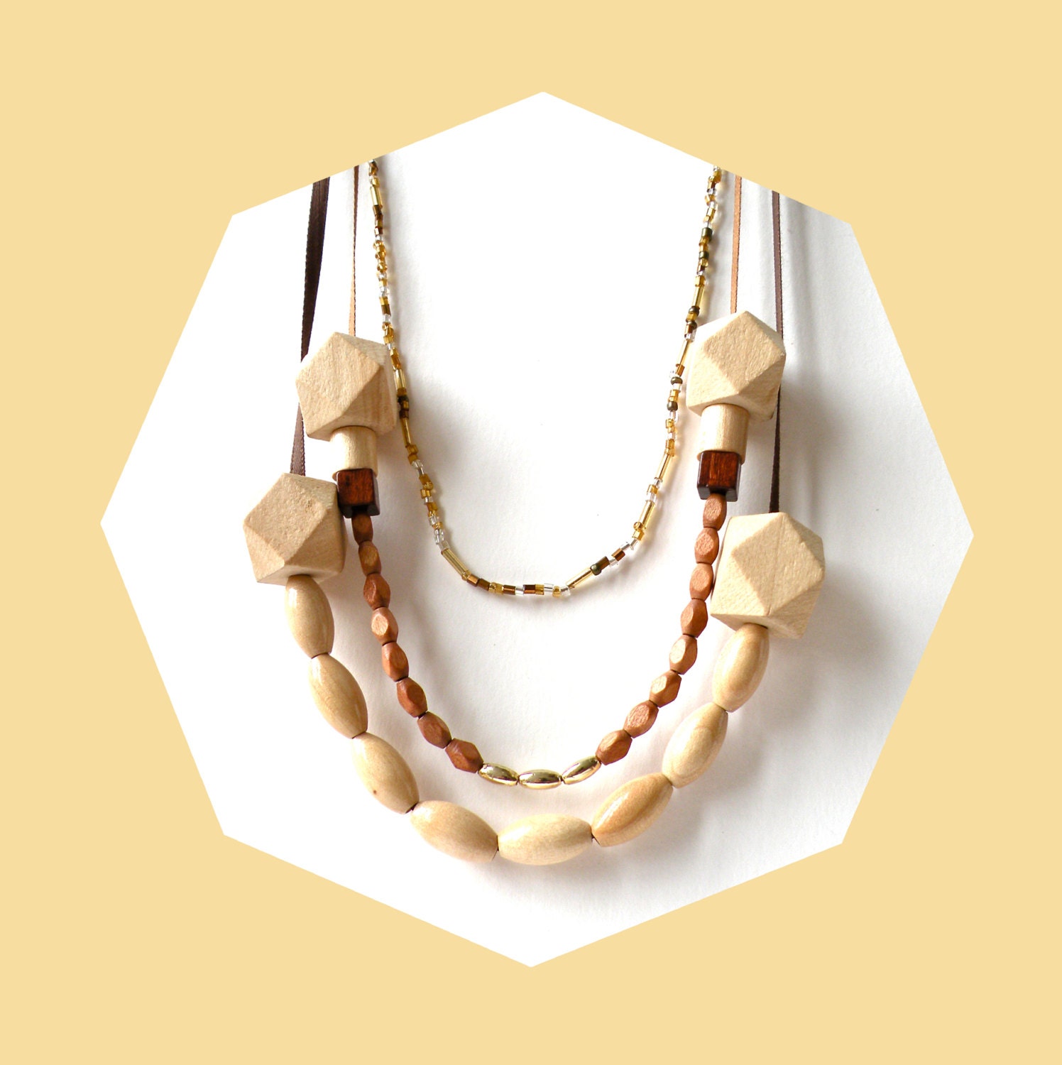 Yellow Mustard, Gold & Brown Wood Bead Necklace / Group of 3 Pendant Necklace