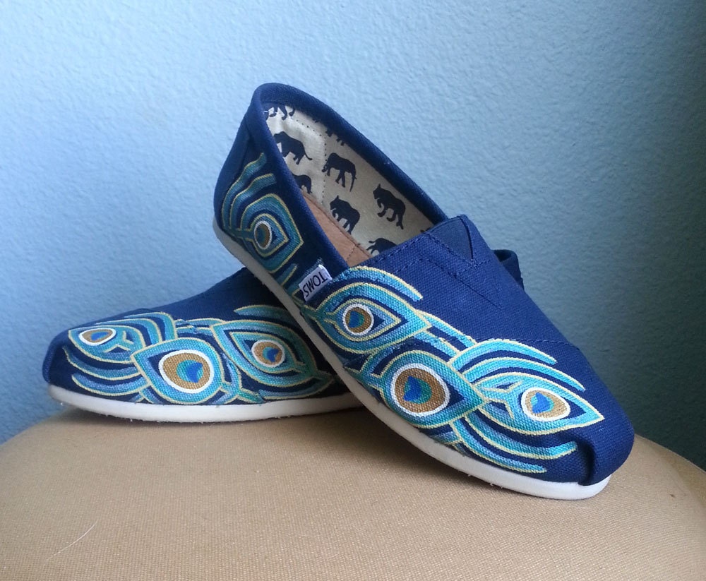 Colorful Blue Indian Peacock Feather Pattern Hand painted Art Design TOMS Canvas Custom Shoes or Ready to Ship Size 8