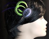ON SALE Black Purple and Lime Green Feather Fascinator with Skeleton Hand Cameo - SugarKitty Corsets