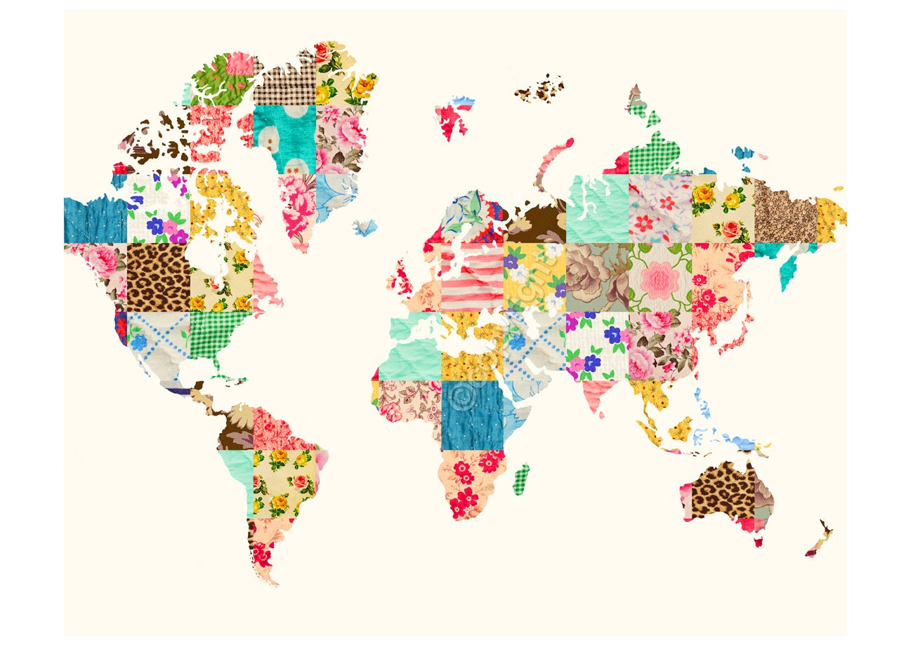 Be An Explorer of The World - 16x20 inches on A2. Inspiring world travel map, quilt, patchwork, vintage, quote art print.