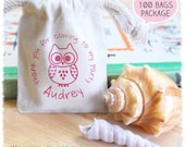 PACKAGE (100 3x4 High Quality Muslin Bags, 1 Your Logo Stamp mounted on Maple Woodblock, 1 Fabric Ink Pad & 1 Cleaner). Wedding Favor