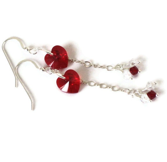 Red Swarovski Crystal Heart Earrings, One of a Kind Jewelry, Gift for Women, Gifts Under 25, Gift Wrapped, Gifts for Mom, Mothers Day