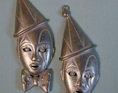 2 Vintage Pewter Clown with Bow Tie and Hat Pendants Charms 3 1/4"