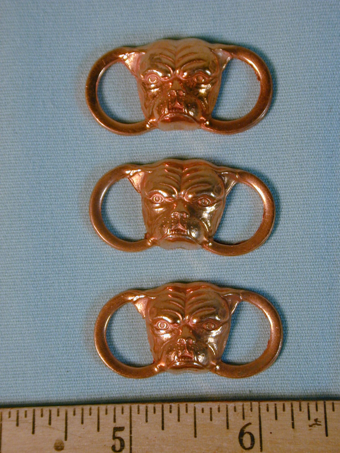 3 Vintage Copper Bulldog Pendants Charms Buckles Embellishment Dog 1 1/2"