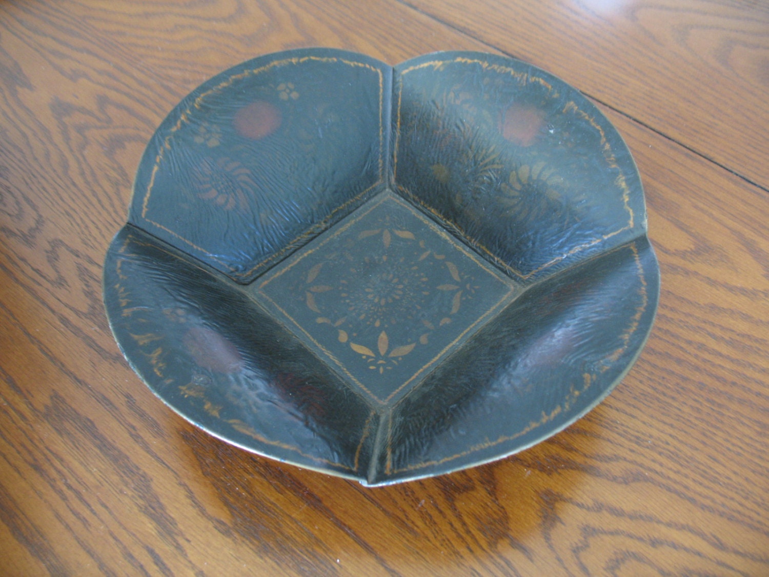 Primitive Metal Toleware 4 Sided Fruit Bowl with Floral Design