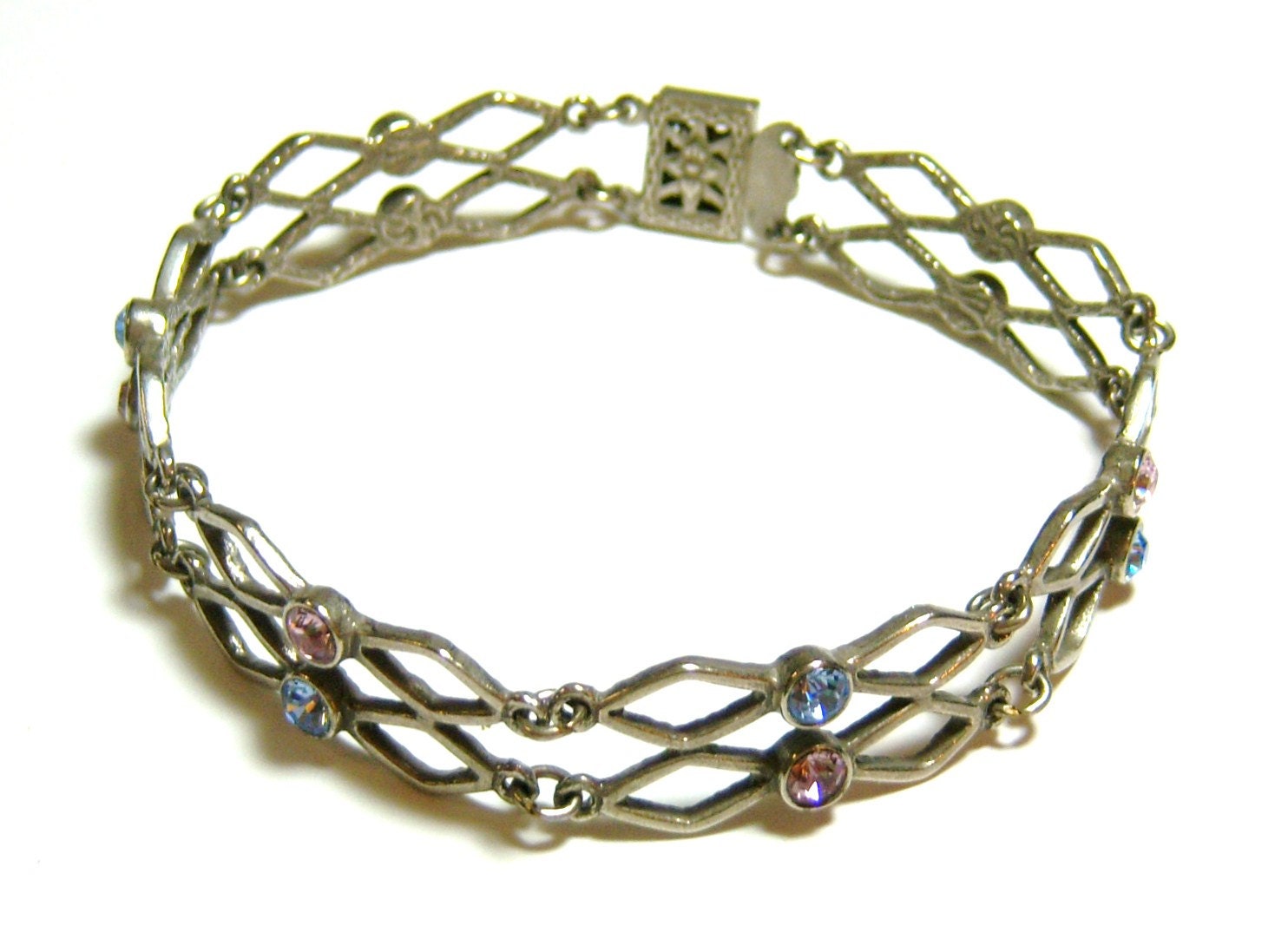 pink and blue on silver tone vintage bracelet bangle SB13