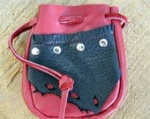 Leather Pouch Medicine Bag in Red Leather and Black Deerskin