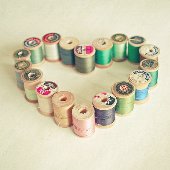 I Heart Sewing - Sewing photography, wooden cotton reels, loveheart, craft room decor, sewing room art 8x8 print
