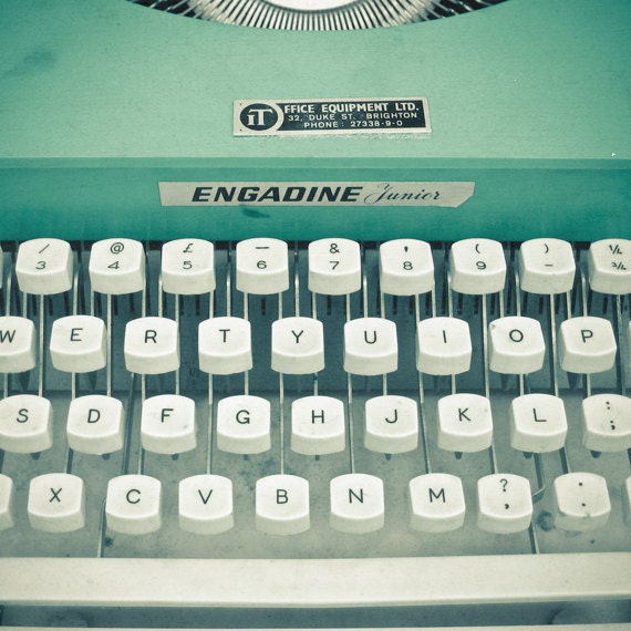 The Writer - Typewriter photography, preppy art, retro wall art, teal, home office decor, gift for writer 8x8 Print