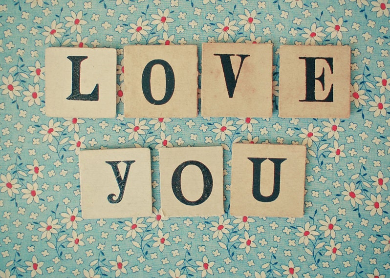 20% SALE Love You - Typography art, romantic gift, floral art print, sky blue, red, anniversary gift, bedroom decor 5x7 Print