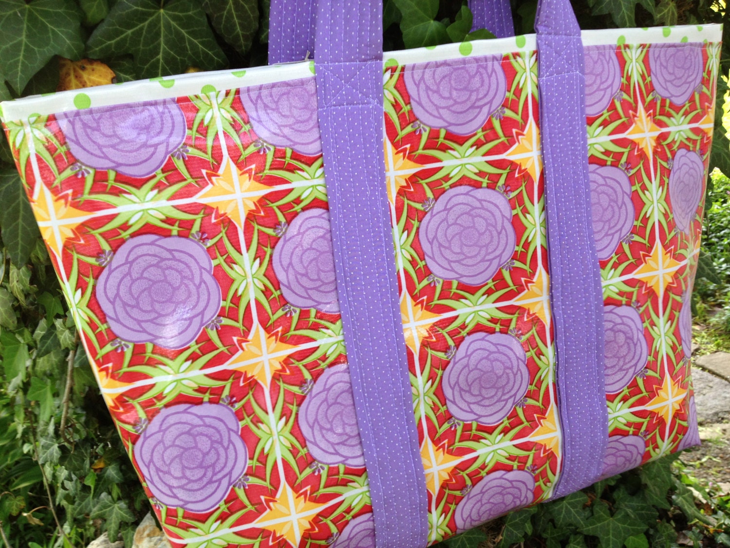 Large retro oilcloth tote bag in a funky mosaic pattern