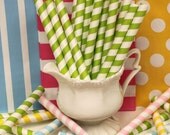Milk Shake Paper Straws, 25 Lime Green Striped MILK SHAKE STRAWS,  Big, Thick, Round Milk Shake / Smoothie Straws with Diy flags, Ice Cream