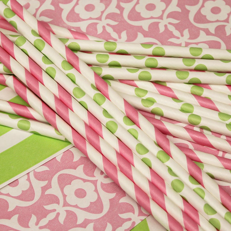Preppy Pink Paper Straw Mix, 30 Assorted Soft Green Stripes and Lt. Pink Polka Dot Straw with Diy Flag. Baby Showers, Tea Party, Birthday