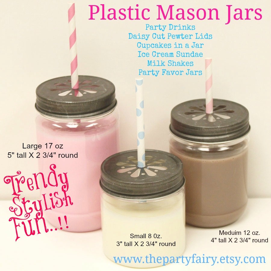 PLASTIC MASON Jar with Daisy Lids, 18 UNBREAKABLE Jars, Beverage Jar, Salads, Cupcakes, Desserts, Party Favors