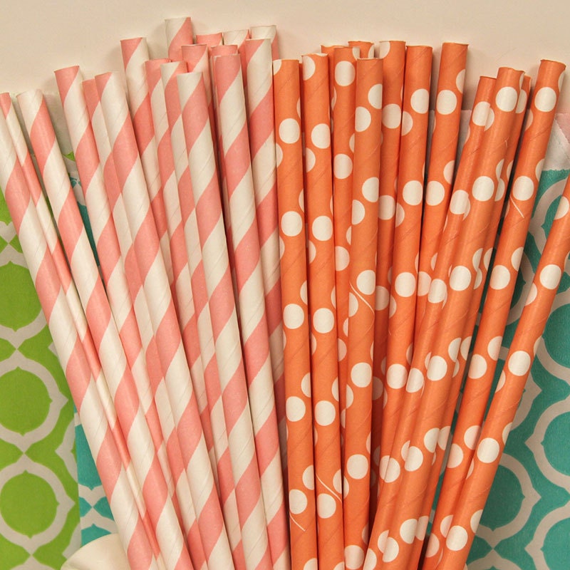 PEACH and ORANGE Assorted Paper Straws, 30 Peach Striped and Solid Orange Dot Assorted Straws with Diy flags, Party Straws, Soda Shop Fun
