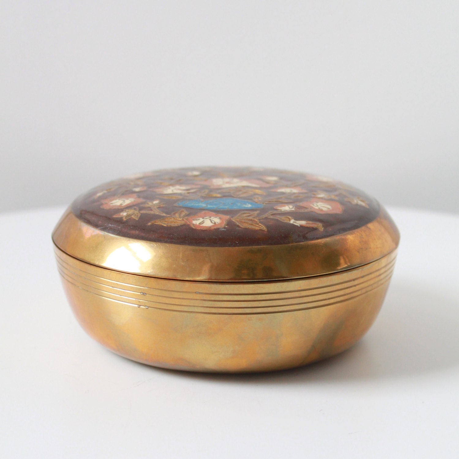 Vintage Brass Jewelry Trinket Box with Chocolate Brown and Flower Lid