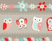 Adorn It Nested Owls Ticker Tape Fabric Coral Striped Owls Daisys Leaves on Gray Grey