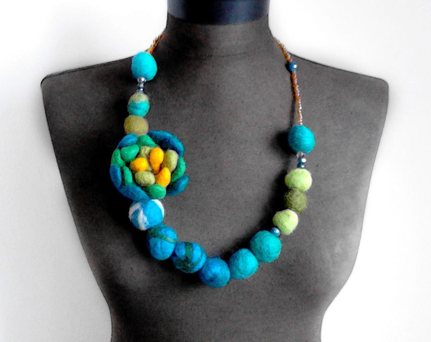 statement necklace felt flower and balls eco friendly necklace, strand necklace, spring necklace