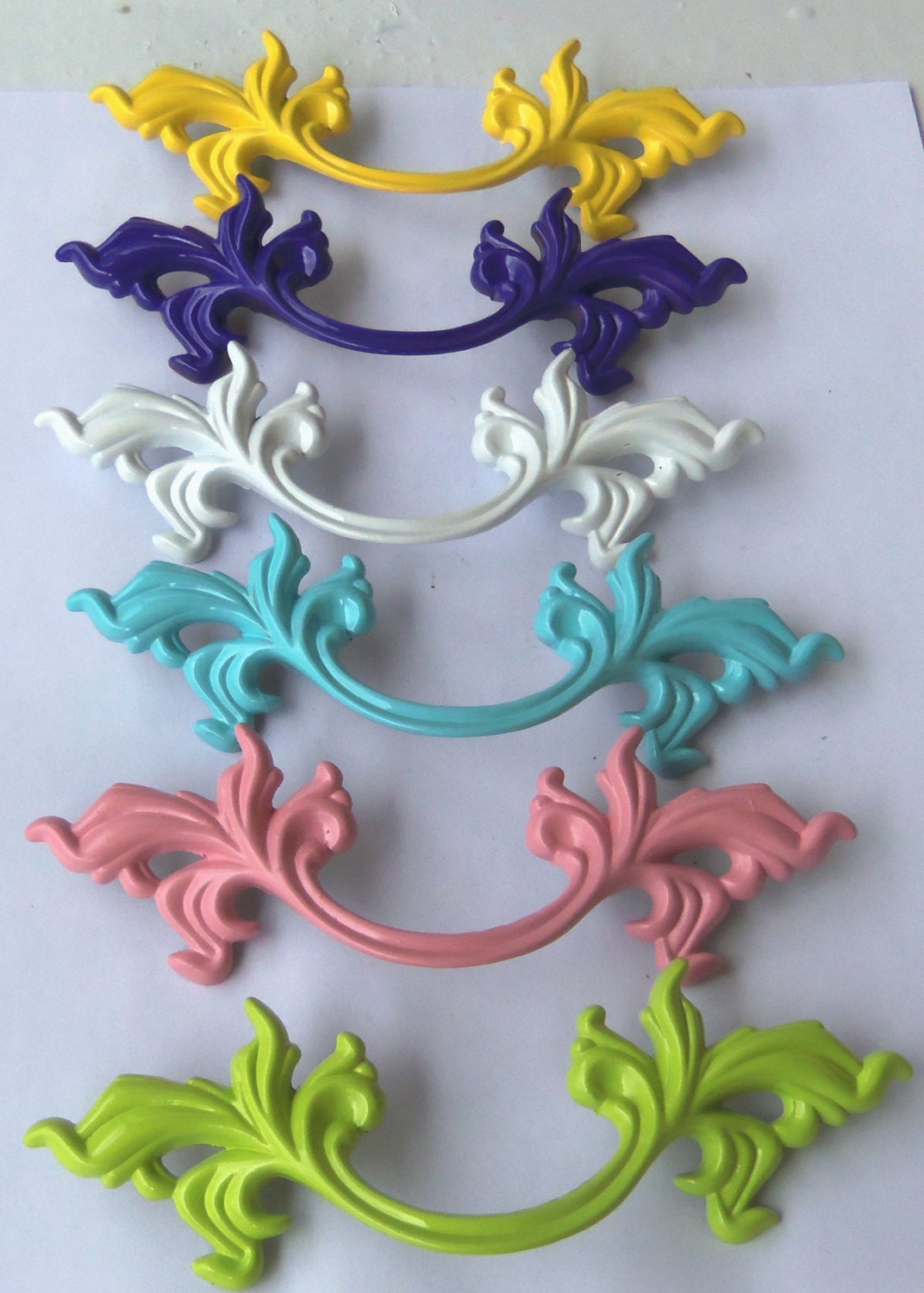 French Provincial Drawer Pull Upcycled White Purple Chartreuse Pink Aqua Yellow Red Black Your Choice 5.75 Inches long 3 inch Centers