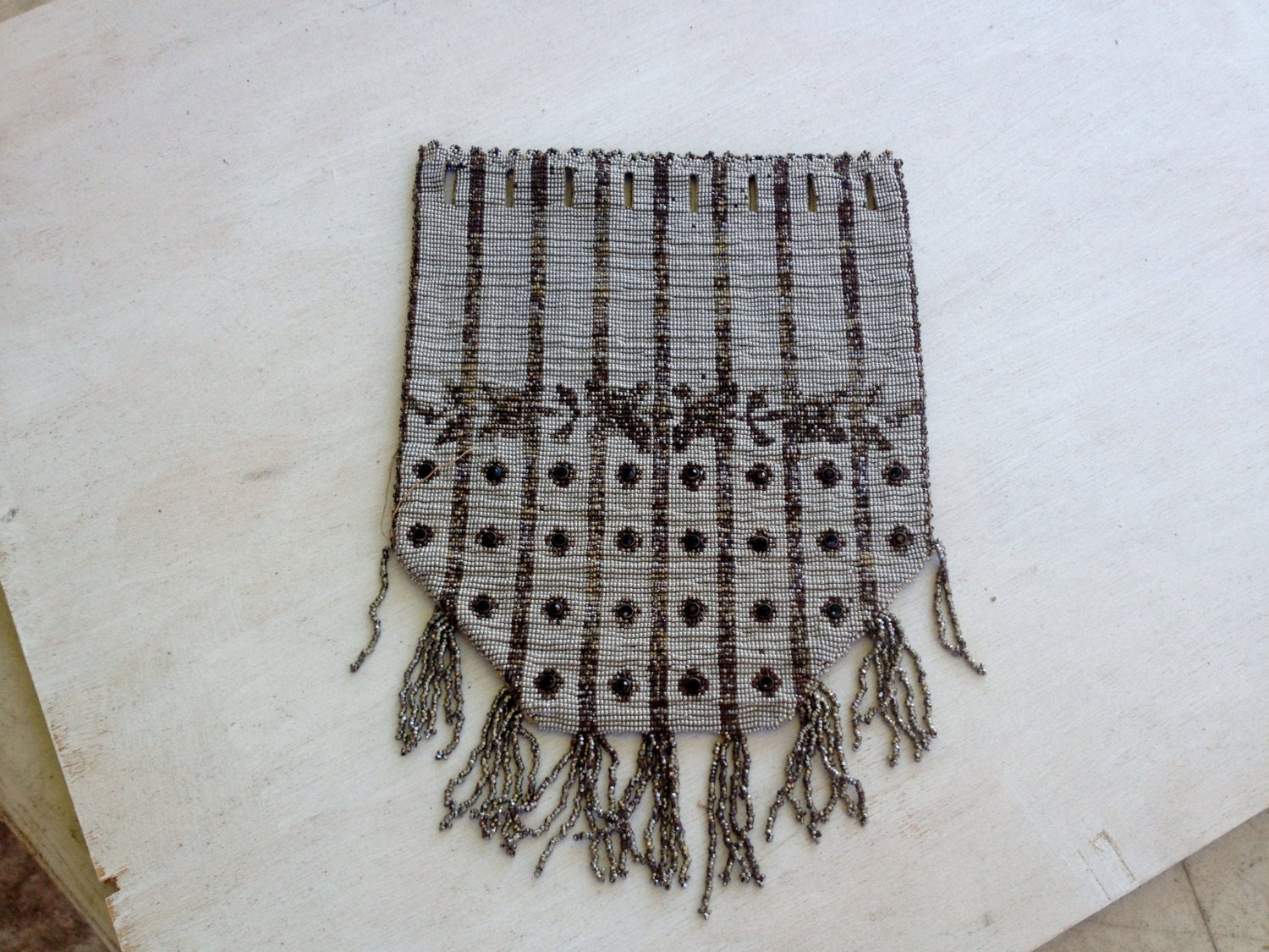 Art Deco Aluminum and steel  beaded Purse  With Ebony glass stud montees rhinestones.