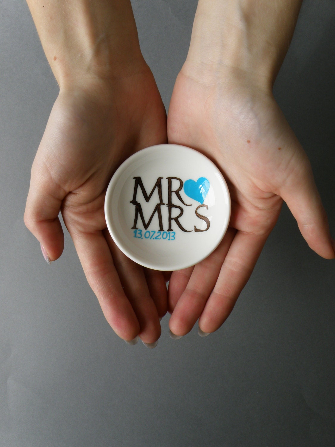 Hand painted Wedding Ring Pillow Alternative , Wedding Ring Dish Mr and Mrs text and turquoise heart
