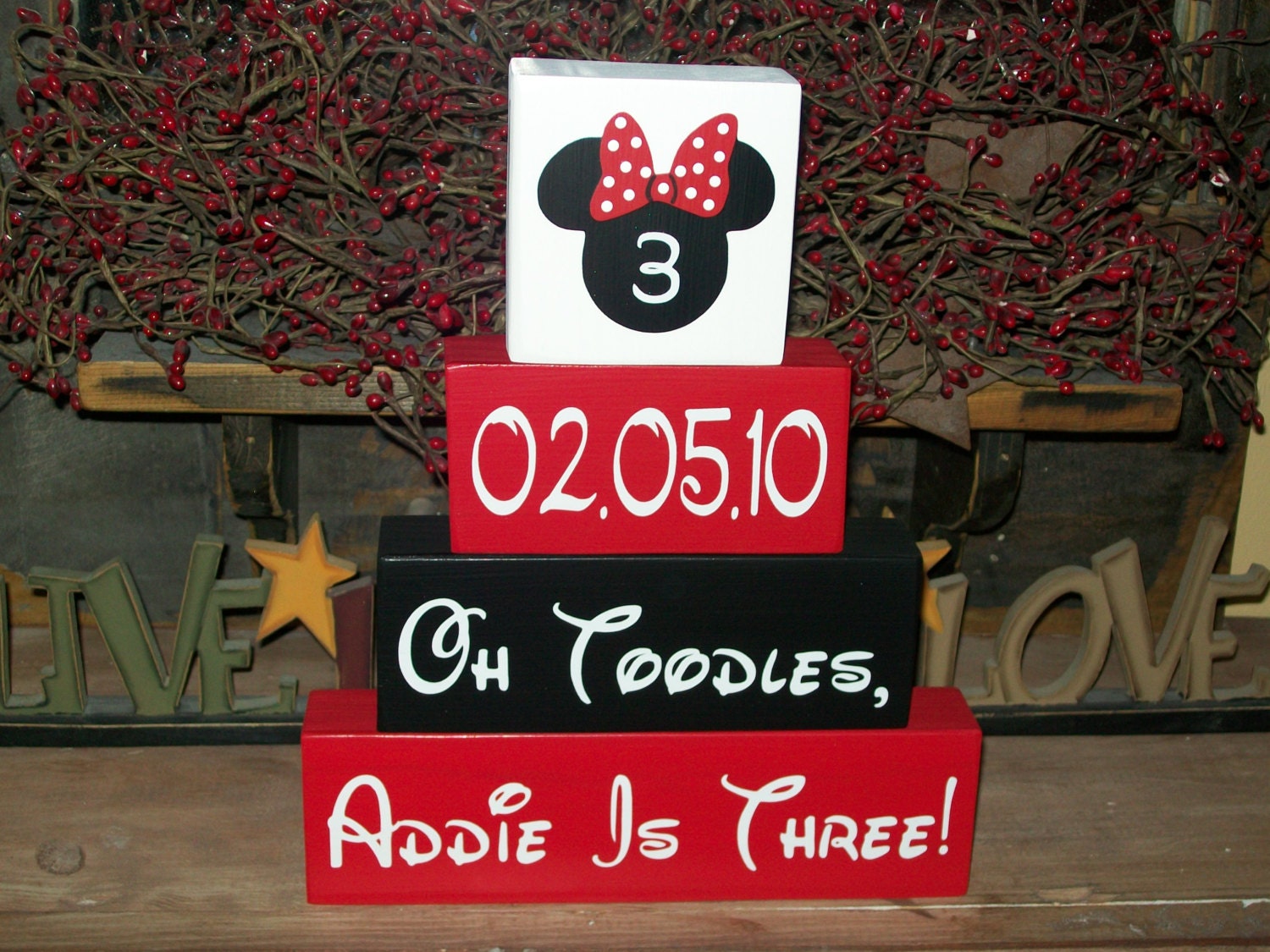 OH Toodles Personalized Four Piece Disney Minnie OR Mickey Mouse Happy Birthday Wood Sign Name Blocks 1st Birthday Party Centerpieces