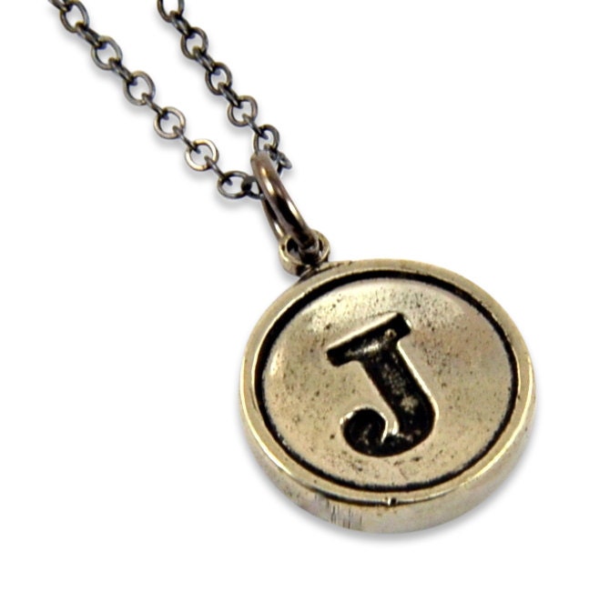 Letter J  Typewriter Key Pendant Necklace - Silver White Bronze  - Other Letters Available