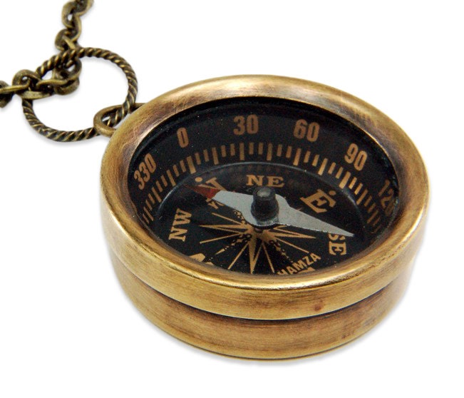 Compass Necklace - Brass Miniature Black Compass Pendant Necklace - Steampunk - by Gwen DELICIOUS Jewelry Design