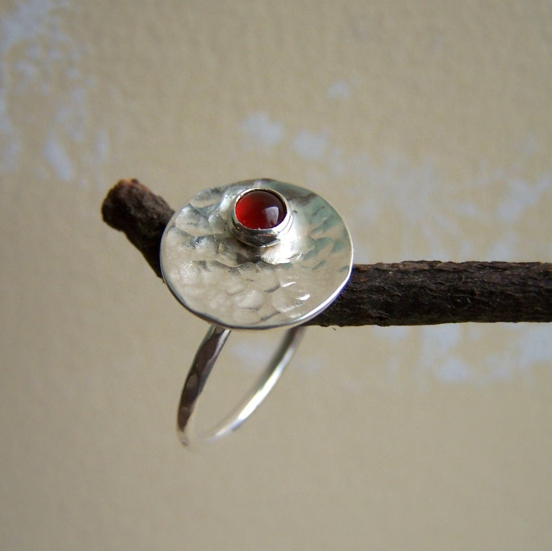Rustic Bowl Ring - Carnelian - Size 6.5 - Hammered Sterling Silver - Bright Finish