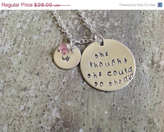 ON SALE Inspiration Necklace, Graduation Necklace- "She thought she could so she did" with initial charm and birthstone