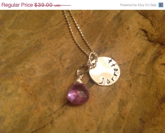 ON SALE Personalized Hand Stamped Name Charm Necklace With Gemstone CHOICE Sterling Silver Keepsake