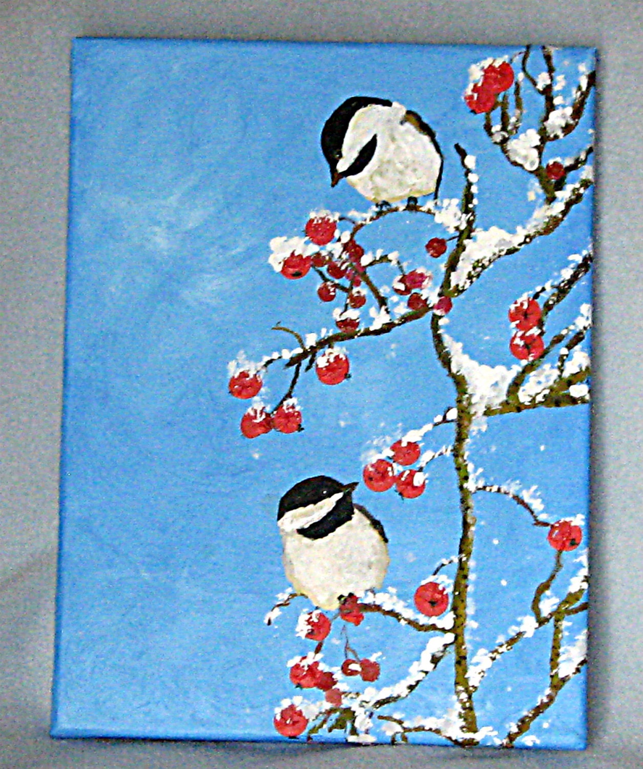 Art,Wall Art,Original Painting,Acrylic,Spring Snow,Black Capped Chickadees,9x12inches,Wrapped Canvas,Fine Art