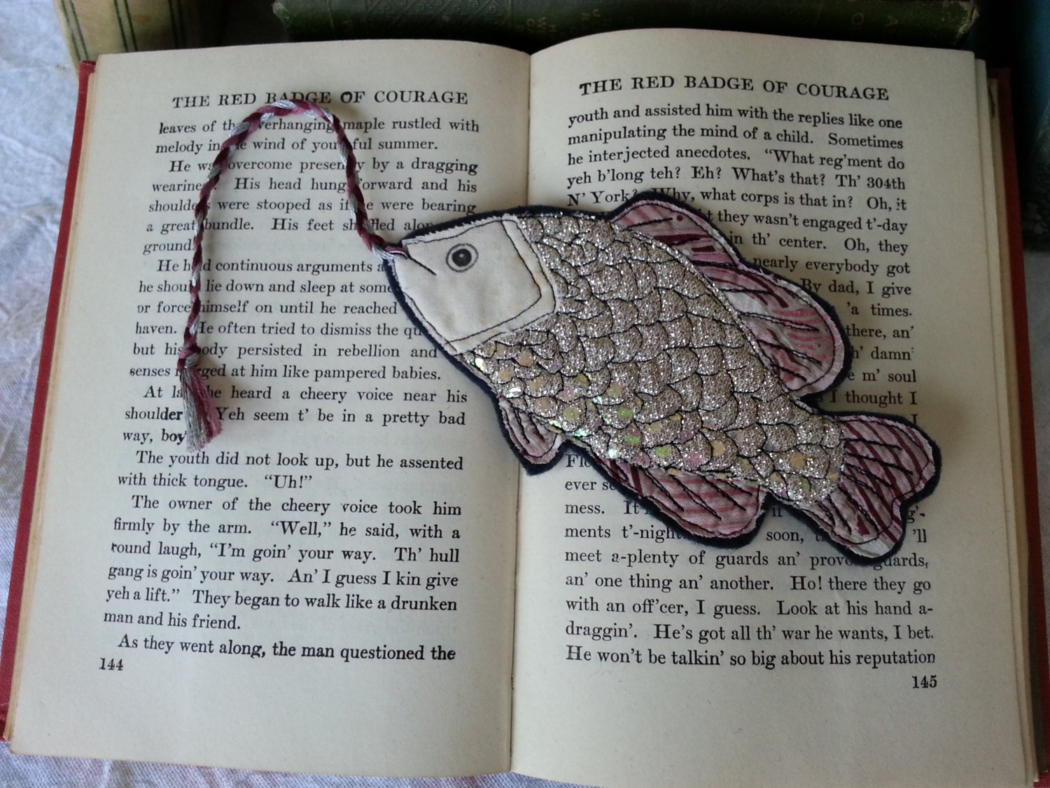 Bookmark Fish silver maroon pink Fabric Quilted