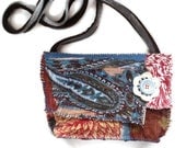 Upcycled Cross Body Bag in Earthy Colors of Blue,Red and Rusty Orange