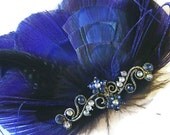 COBALT PRINCESS Peacock Feather Bridal Hair Fascinator Clip Large Rhinestone OOAK