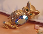 Pretty Vintage Rhinestone Owl Brooch Pin Gold Brooch Costume Jewelry Retro Iridescent