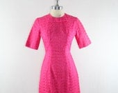 Vintage 1960s Dress - Hot Pink Embroidered Mid Century Mad Men Short Dress