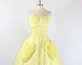 1950's Vintage Dress - Darling Yellow Chiffon Strapless Full Skirt with HEART POCKETS