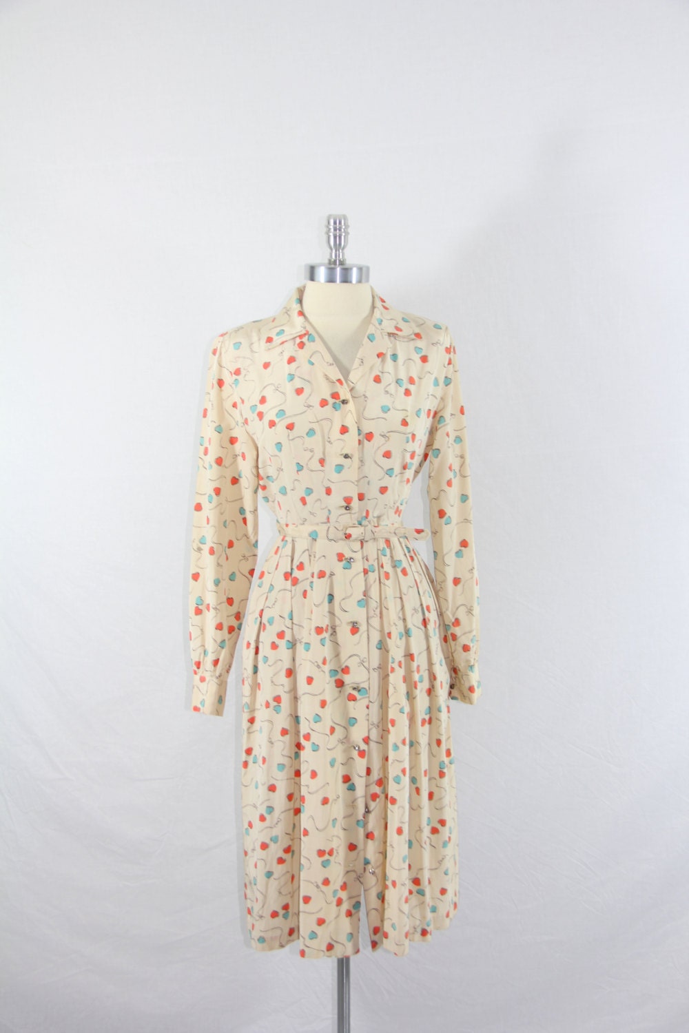 1950s Vintage Dress - Aqua and Coral Hearts with Bows - Novelty Print Dress
