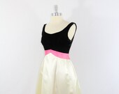 Vintage 1960s Dress - Black Velvet with Ivory and Hot Pink Satin Sleeveless Party Dress