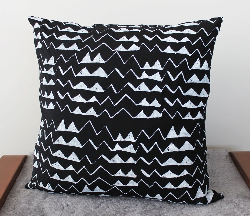 Hand Printed 'Mountain' Pillow in White on Black