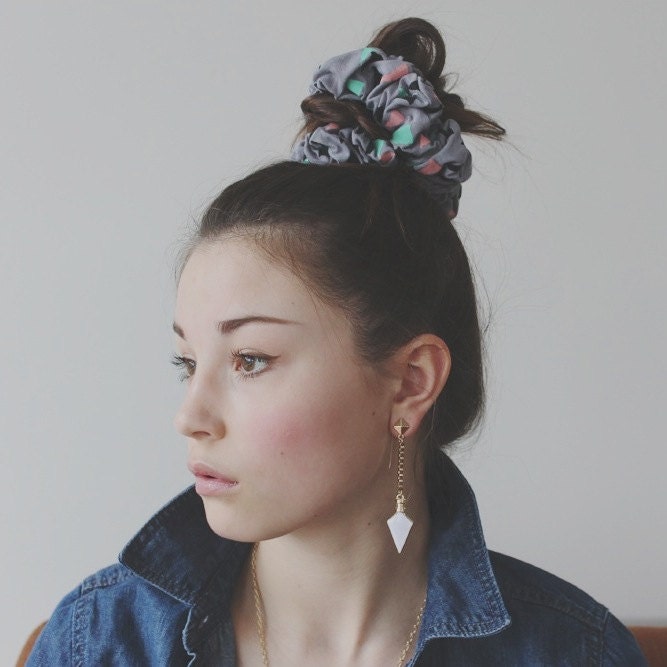 Hand Printed 'Stalactite' Scrunchie in Mint, Pink and Black on Grey